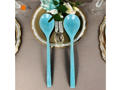 Custom High Quality 2-Piece Salad Server Set Blue Matt Shiny Resin Long Handle Modern Design Dinner Fork Spoon Party-Kitchen Use