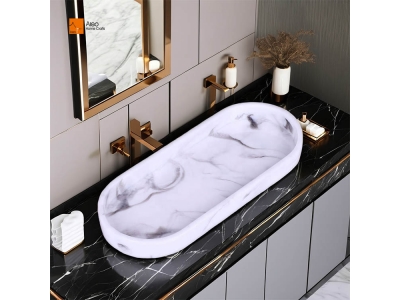 Resin White Marble Candle Table Organizer Tray Oval Resin Vanity Bathroom Countertop Dresser Accessories for Home Hotel Use