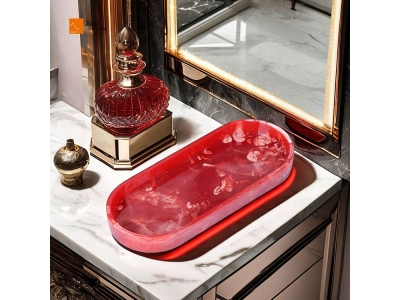 Luxurious handmade Red Swirl Vanity Tray Customizable Oval Epoxy Resin Serving Mold for Bathroom Kitchen Home Decor Dresser