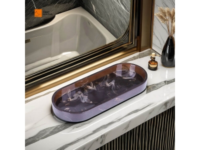 Resin Dark Brown Marble Oval Vanity Serving Tray for Hotel Bathroom Customizable Wholesale Resin Tray For Hotel Bathroom