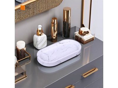 White Marble Effect Resin Oval Tray Bathroom Vanity Service Tray for Hotel Amenities Coffee Shower Tray for Hotel Bathrooms