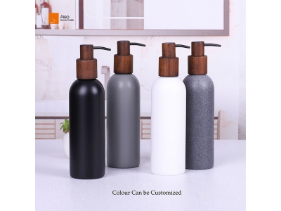 Custom Tall Lotion Liquid Dispenser with Wooden Looking Pump Black Polyresin Bathroom Accessories for Hotel Bathroom Sets