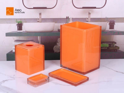  New Luxury 4pcs Orange Polishing Polyresin Bathroom Vanity Accessories Set BSCI Hotel Quality Toilet Washroom Kitchen House