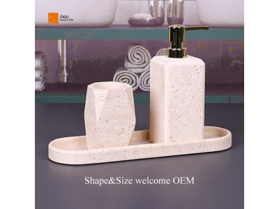 3pcs Polyresin Travertine Set Quality Soap Dish with Tray Dispenser Tumbler Hotel Bathroom Accessories for Home or Hotel