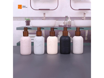 High-End Custom 320ml 10.6oz Polyresin Bathroom Set Hand Wash Hotel Lotion Shampoo Bottle Soap Dispenser Marble Travertine