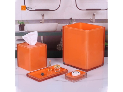 Factory Direct Square Transparent Orange Trash Bin Basket Bathroom Accessory with Stand Desktop Resin Waste Can without Lid