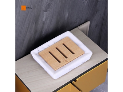 Wholesale Modern Design Large Size Rectangle Bathroom White Polyresin Marble Soap Holder With Bamboo Accessory Drain Soap Dish