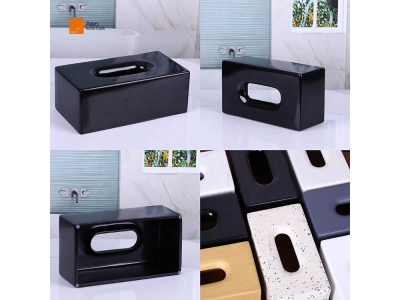  OEM Design Rectangular Tissue Box with Shinny Black Matt Natural Texture Resin Cover Bathroom Container for Hotels Wholesale