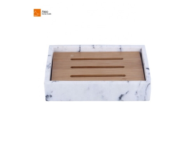  Wholesale Modern Design Large Size Rectangle Bathroom White Polyresin Marble Soap Holder With Bamboo Accessory Drain Soap Dish