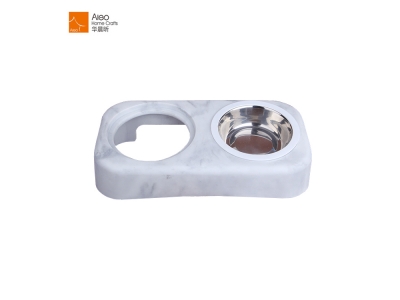 High Quality New Style Double Pet Feeding Dog Bowl White Marble Polyresin with Neck Protection Rounded Shape for Small Animals