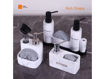 3 in 1 White Marble Polyresin Kitchen Lotion Bottle Pump Dispenser Square Bathroom Toothpaste & Toothbrush Holder