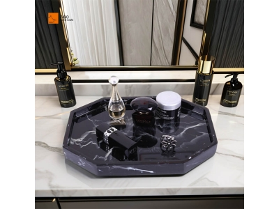 High Quality Hotel Decorative Resin Bathroom Tray Hot Sale Polyresin Black  Marble Serving Tray 