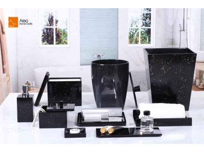 9-Piece Luxury Resin Bathroom Accessories Set in Shinny Black Modern Style for Hotels and Households