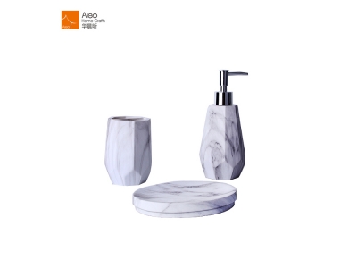 Customized Polyresin Natural Marble Bathroom Accessory Set With Soap Dish/Lotion Bottle/Toothbrush Holder 