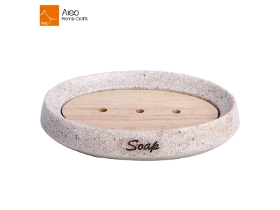 Polyresin Sand Stone Bathroom Accessories Soap Dish with Detachable Wood Grain Decorative  Parts
