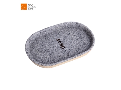 Gravel Design Oval Shape Poly Soap Dish With Wood Grain Decorative Base 