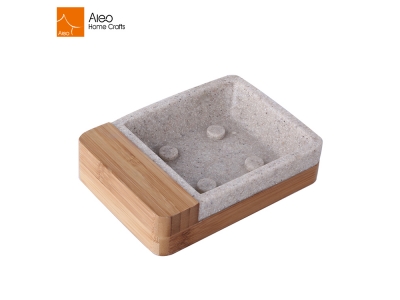 Polyresin Beige Sandstone Bathroom Accessory Set Soap Dish With Wooden Base 