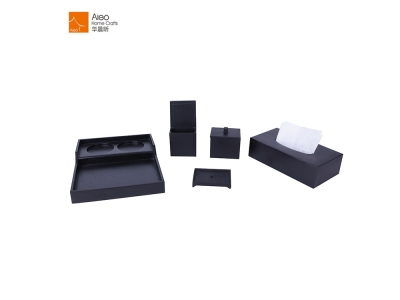 2018 Newest Black Spray Crack Style Hotel Bath Set Polystone Hotel Bathroom Set Tissue Box Amenity Tray